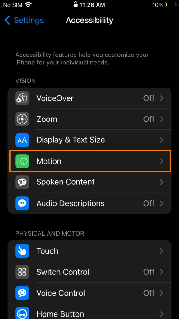 iphone motion settings