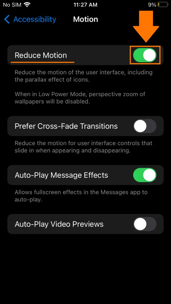 reduce motion turn on