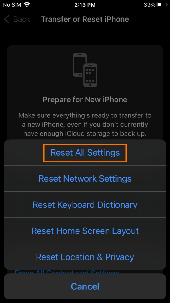 reset all settings iphone